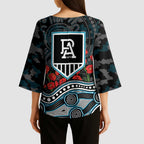 Port Adelaide Power ANZAC Day Kimono Sleeve Blouse Indigenous Dot Art with Poppy Flower Tribute