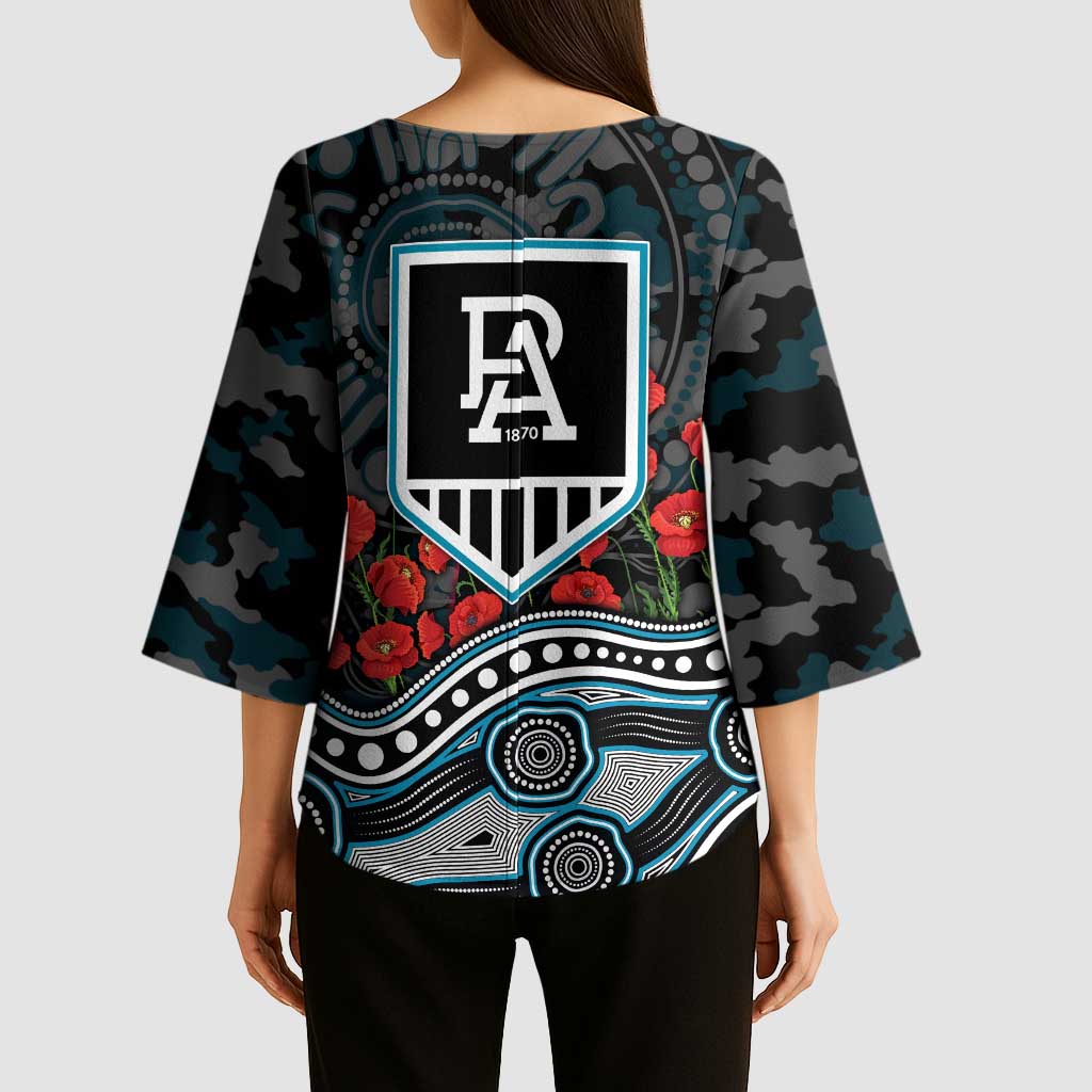 Port Adelaide Power ANZAC Day Kimono Sleeve Blouse Indigenous Dot Art with Poppy Flower Tribute