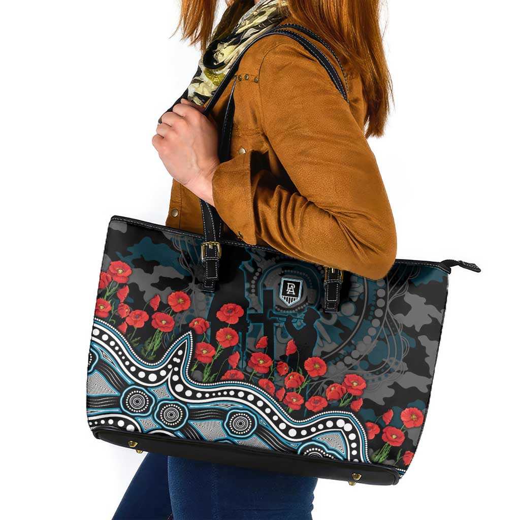 Port Adelaide Power ANZAC Day Leather Tote Bag Indigenous Dot Art with Poppy Flower Tribute