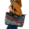 Port Adelaide Power ANZAC Day Leather Tote Bag Indigenous Dot Art with Poppy Flower Tribute