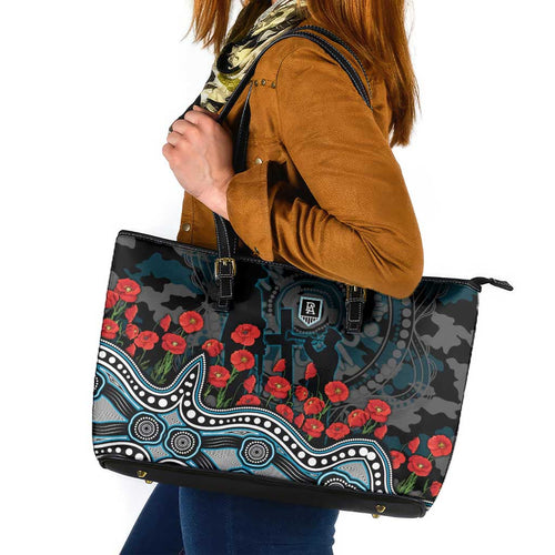 Port Adelaide Power ANZAC Day Leather Tote Bag Indigenous Dot Art with Poppy Flower Tribute