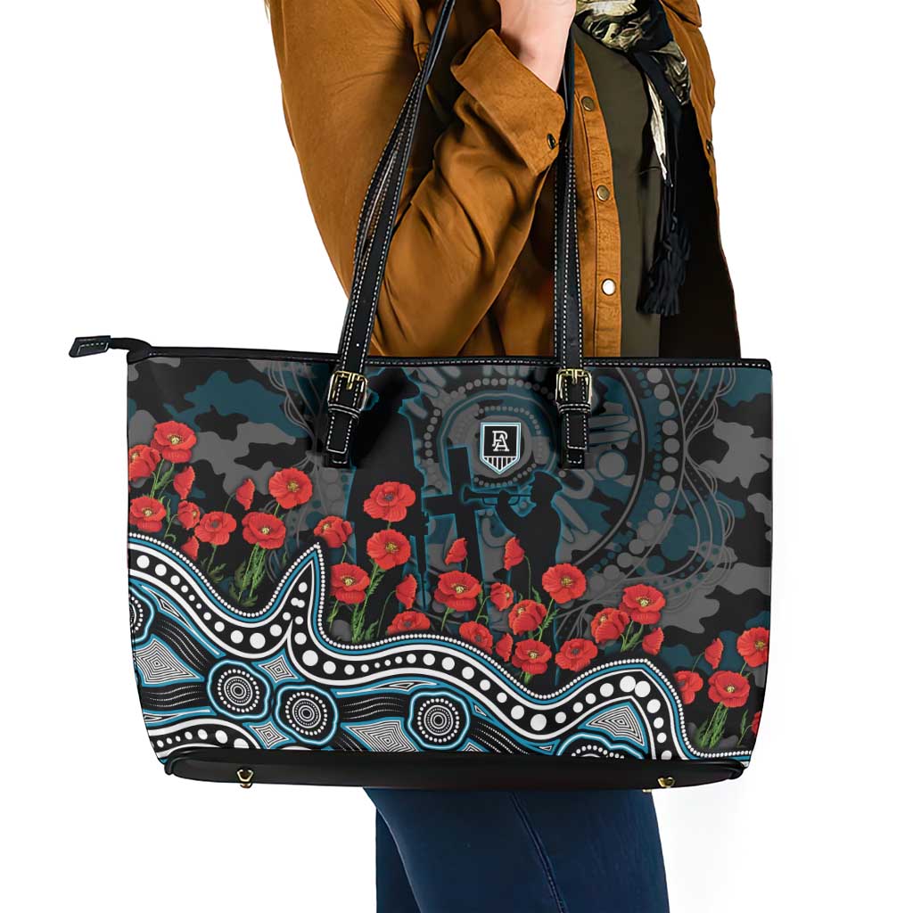 Port Adelaide Power ANZAC Day Leather Tote Bag Indigenous Dot Art with Poppy Flower Tribute
