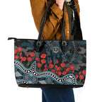Port Adelaide Power ANZAC Day Leather Tote Bag Indigenous Dot Art with Poppy Flower Tribute