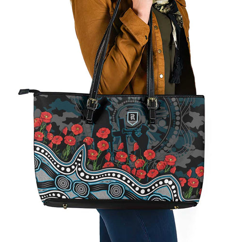 Port Adelaide Power ANZAC Day Leather Tote Bag Indigenous Dot Art with Poppy Flower Tribute
