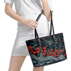 Port Adelaide Power ANZAC Day Leather Tote Bag Indigenous Dot Art with Poppy Flower Tribute