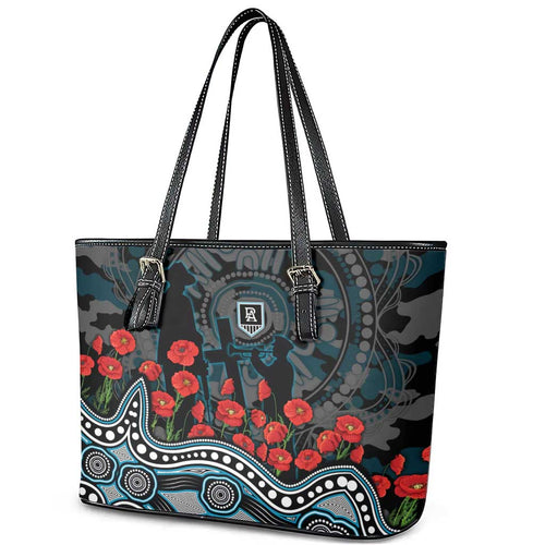 Port Adelaide Power ANZAC Day Leather Tote Bag Indigenous Dot Art with Poppy Flower Tribute