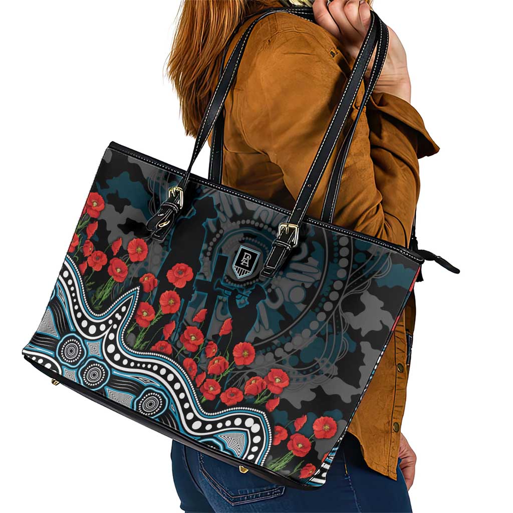 Port Adelaide Power ANZAC Day Leather Tote Bag Indigenous Dot Art with Poppy Flower Tribute
