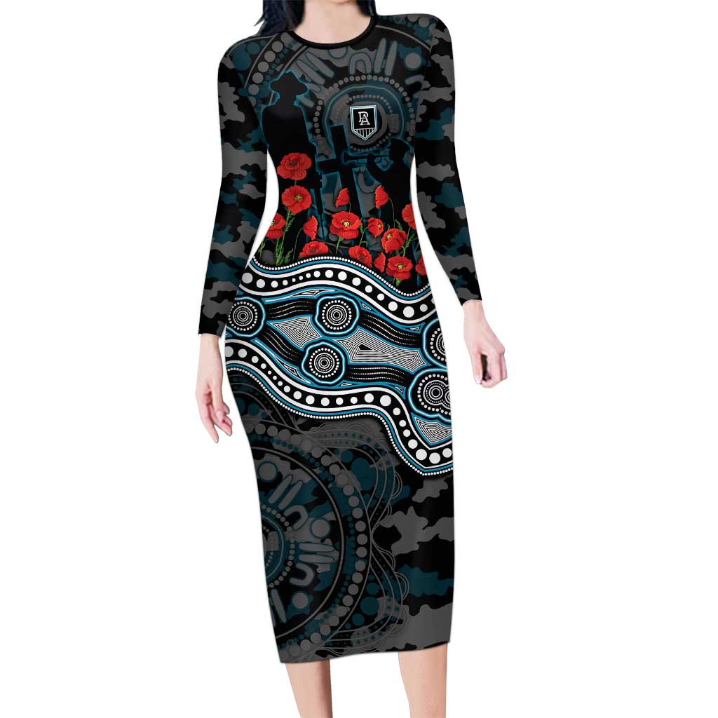 Port Adelaide Power ANZAC Day Long Sleeve Bodycon Dress Indigenous Dot Art with Poppy Flower Tribute