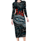 Port Adelaide Power ANZAC Day Long Sleeve Bodycon Dress Indigenous Dot Art with Poppy Flower Tribute