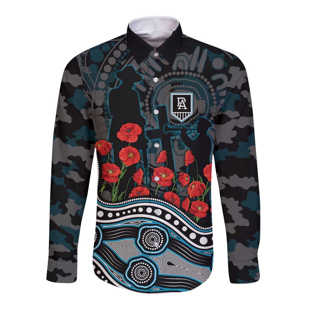 Port Adelaide Power ANZAC Day Long Sleeve Button Shirt Indigenous Dot Art with Poppy Flower Tribute