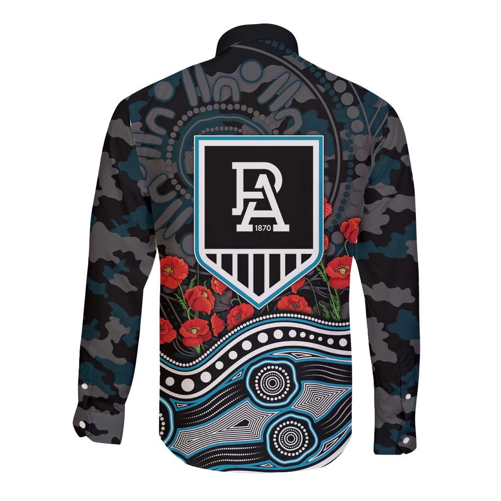 Port Adelaide Power ANZAC Day Long Sleeve Button Shirt Indigenous Dot Art with Poppy Flower Tribute