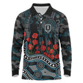 Port Adelaide Power ANZAC Day Long Sleeve Polo Shirt Indigenous Dot Art with Poppy Flower Tribute