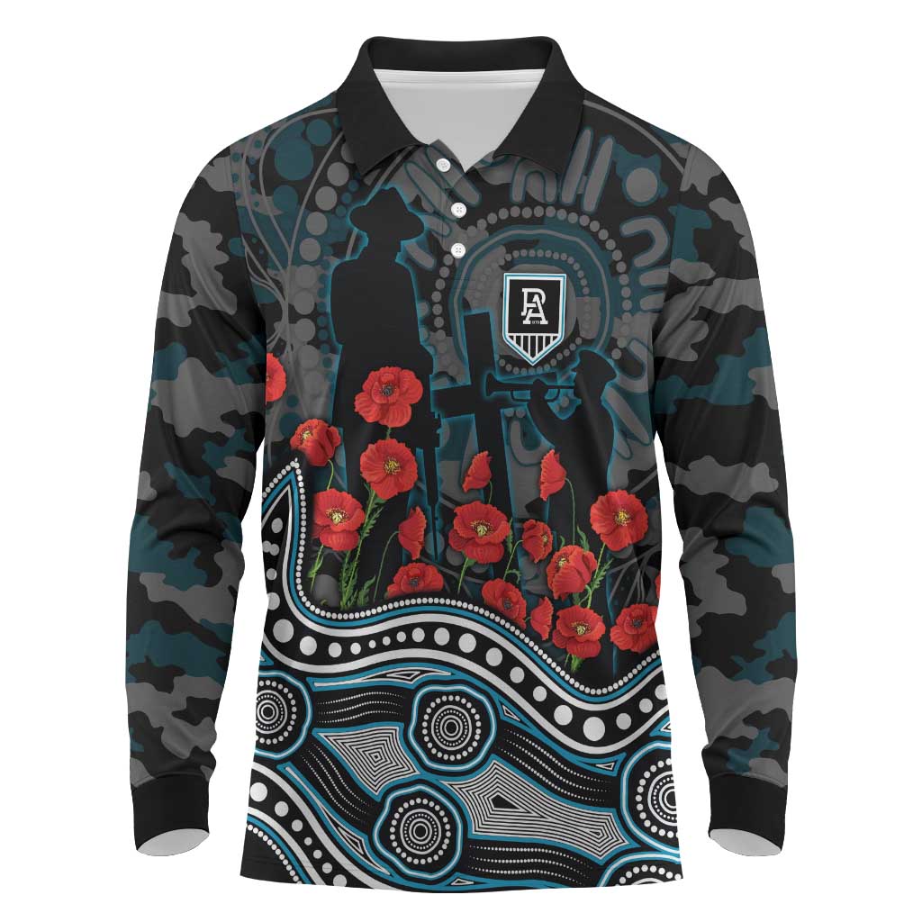 Port Adelaide Power ANZAC Day Long Sleeve Polo Shirt Indigenous Dot Art with Poppy Flower Tribute