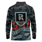 Port Adelaide Power ANZAC Day Long Sleeve Polo Shirt Indigenous Dot Art with Poppy Flower Tribute