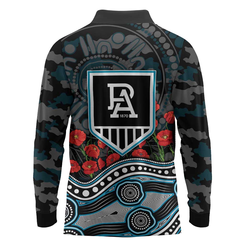 Port Adelaide Power ANZAC Day Long Sleeve Polo Shirt Indigenous Dot Art with Poppy Flower Tribute