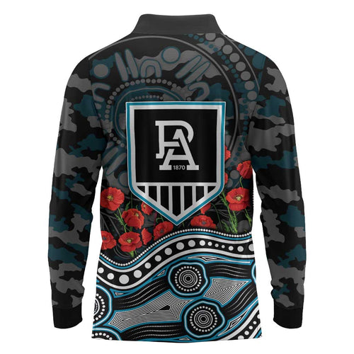 Port Adelaide Power ANZAC Day Long Sleeve Polo Shirt Indigenous Dot Art with Poppy Flower Tribute