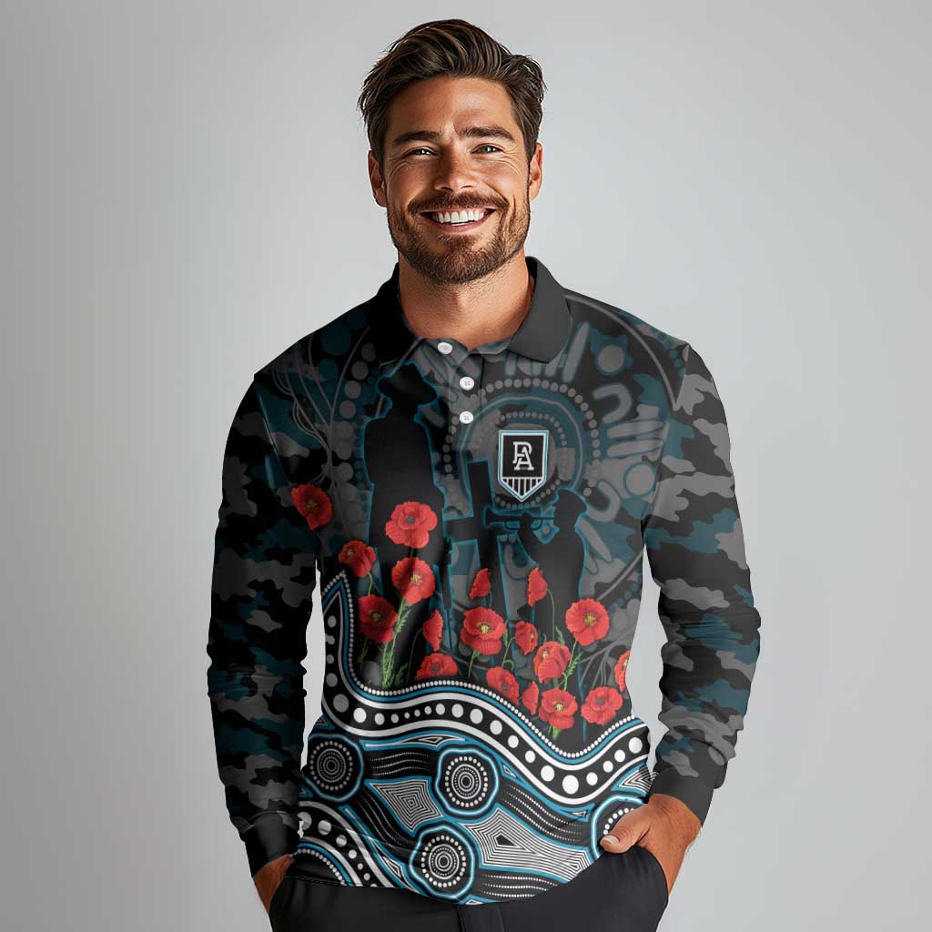 Port Adelaide Power ANZAC Day Long Sleeve Polo Shirt Indigenous Dot Art with Poppy Flower Tribute