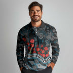 Port Adelaide Power ANZAC Day Long Sleeve Polo Shirt Indigenous Dot Art with Poppy Flower Tribute