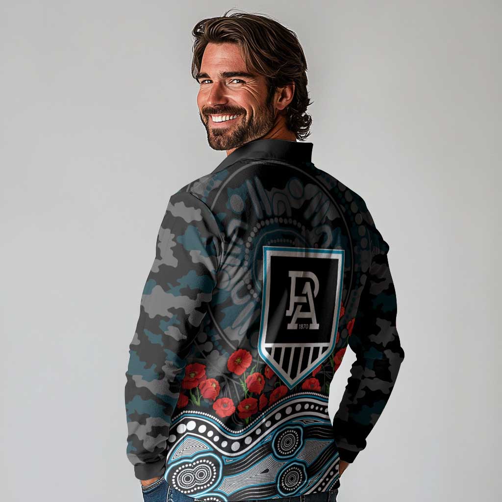 Port Adelaide Power ANZAC Day Long Sleeve Polo Shirt Indigenous Dot Art with Poppy Flower Tribute