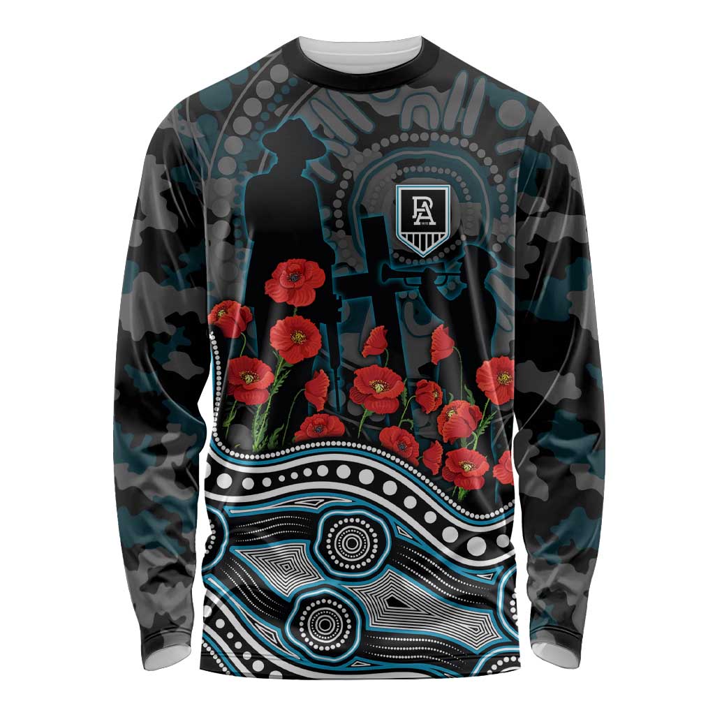 Port Adelaide Power ANZAC Day Long Sleeve Shirt Indigenous Dot Art with Poppy Flower Tribute