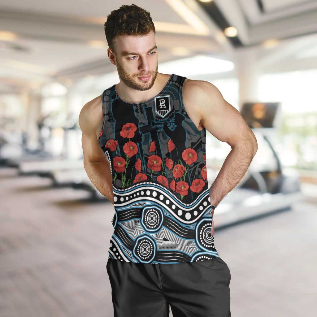 Port Adelaide Power ANZAC Day Men Tank Top Indigenous Dot Art with Poppy Flower Tribute