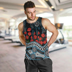 Port Adelaide Power ANZAC Day Men Tank Top Indigenous Dot Art with Poppy Flower Tribute