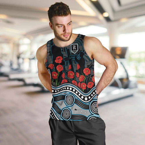 Port Adelaide Power ANZAC Day Men Tank Top Indigenous Dot Art with Poppy Flower Tribute