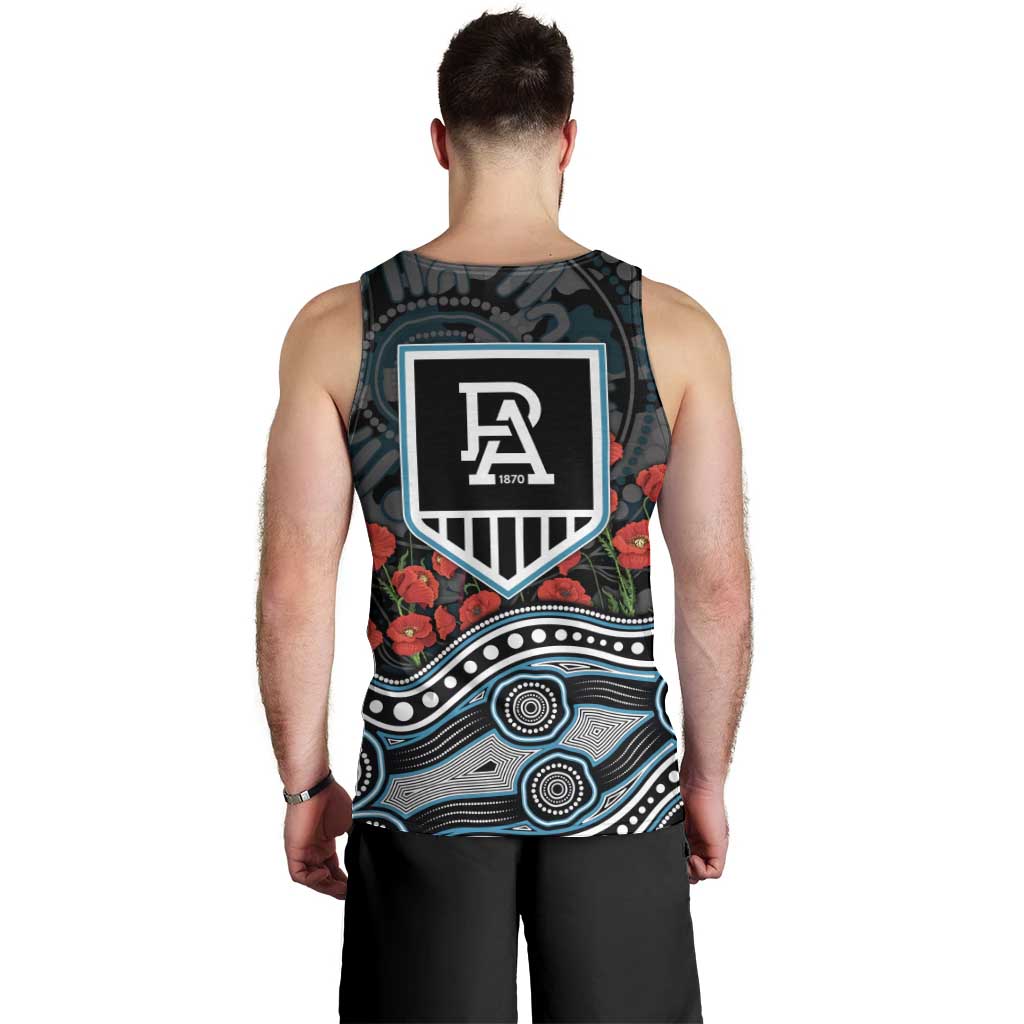 Port Adelaide Power ANZAC Day Men Tank Top Indigenous Dot Art with Poppy Flower Tribute