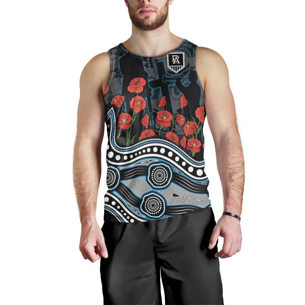 Port Adelaide Power ANZAC Day Men Tank Top Indigenous Dot Art with Poppy Flower Tribute