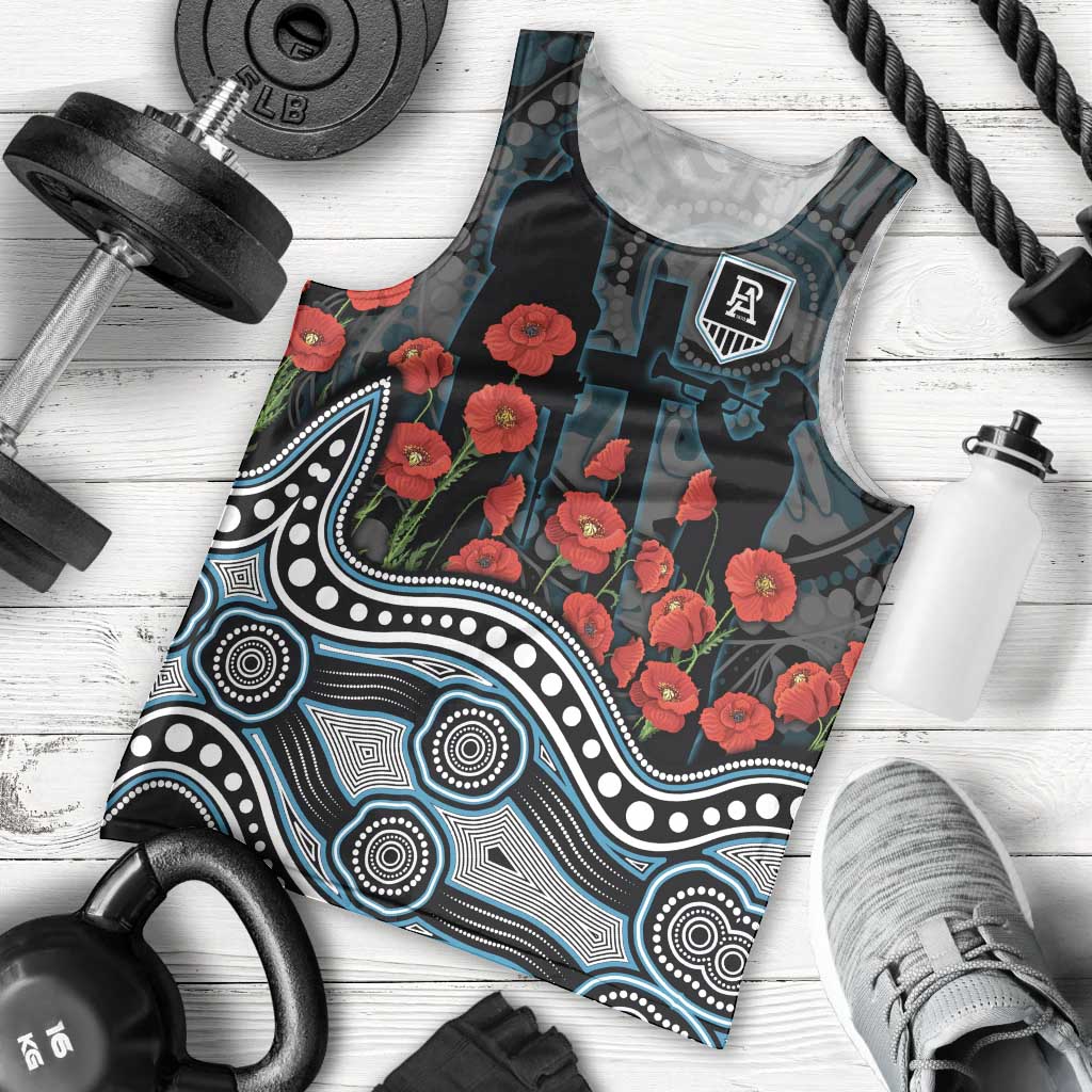 Port Adelaide Power ANZAC Day Men Tank Top Indigenous Dot Art with Poppy Flower Tribute
