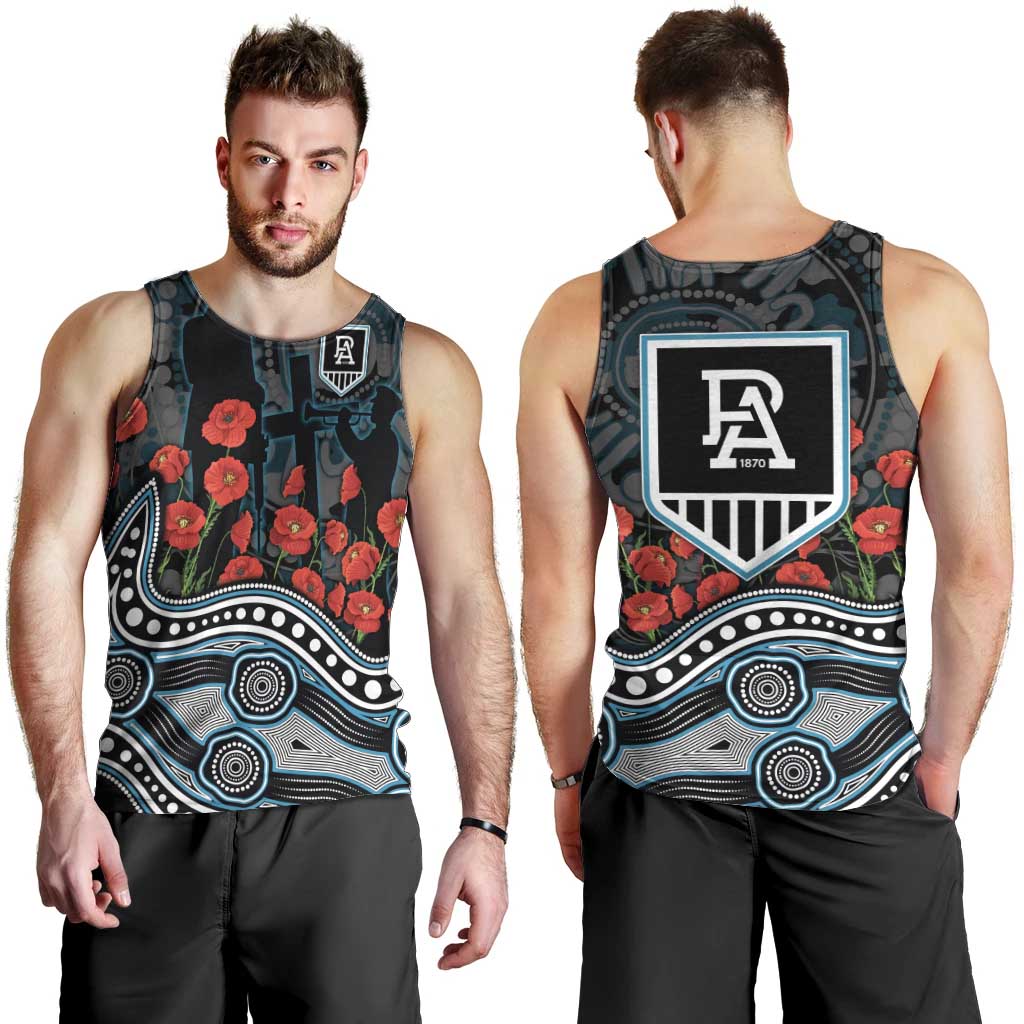 Port Adelaide Power ANZAC Day Men Tank Top Indigenous Dot Art with Poppy Flower Tribute