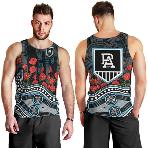 Port Adelaide Power ANZAC Day Men Tank Top Indigenous Dot Art with Poppy Flower Tribute