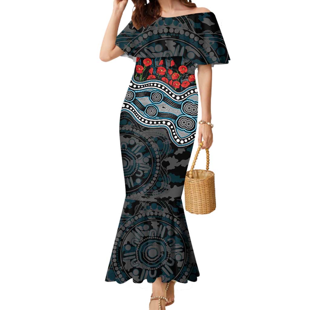 Port Adelaide Power ANZAC Day Mermaid Dress Indigenous Dot Art with Poppy Flower Tribute