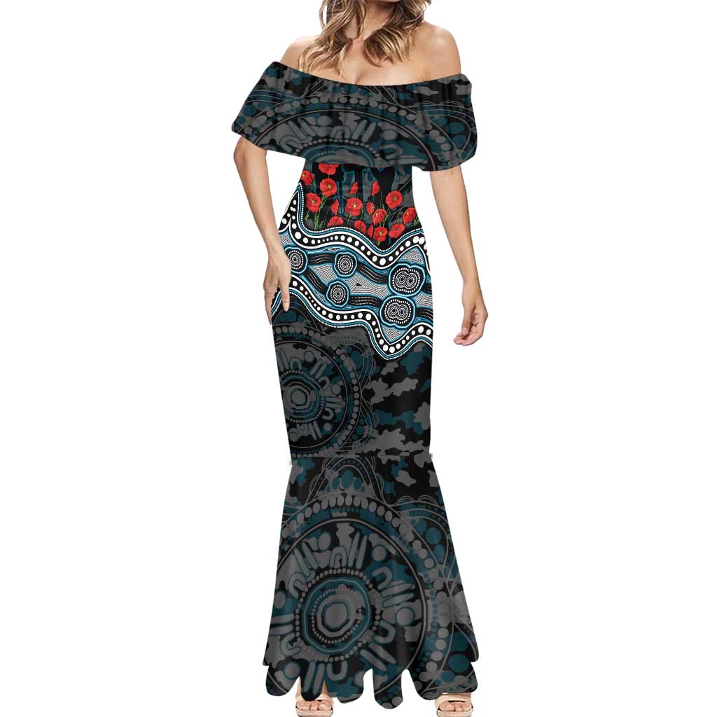 Port Adelaide Power ANZAC Day Mermaid Dress Indigenous Dot Art with Poppy Flower Tribute