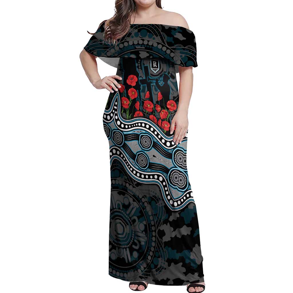 Port Adelaide Power ANZAC Day Off Shoulder Maxi Dress Indigenous Dot Art with Poppy Flower Tribute