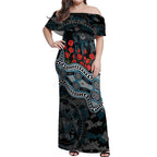 Port Adelaide Power ANZAC Day Off Shoulder Maxi Dress Indigenous Dot Art with Poppy Flower Tribute