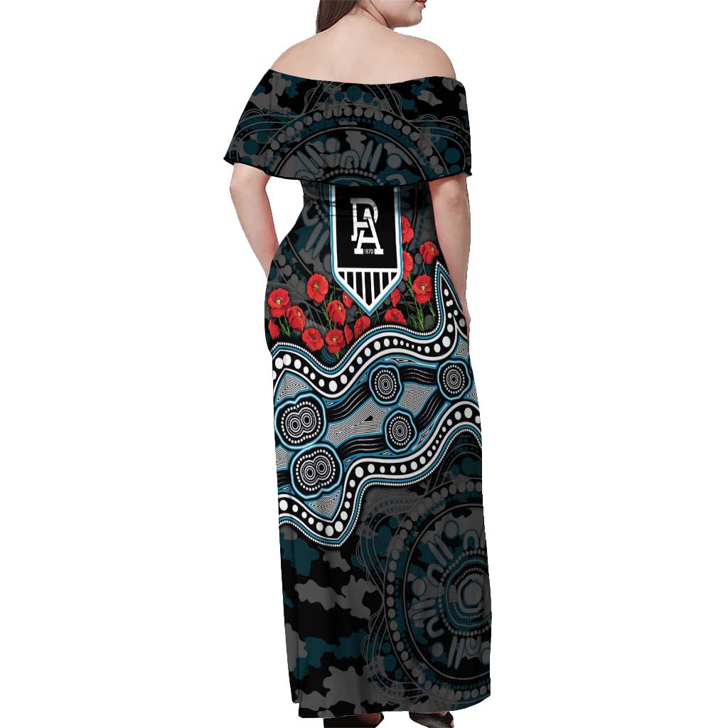 Port Adelaide Power ANZAC Day Off Shoulder Maxi Dress Indigenous Dot Art with Poppy Flower Tribute