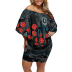 Port Adelaide Power ANZAC Day Off Shoulder Short Dress Indigenous Dot Art with Poppy Flower Tribute