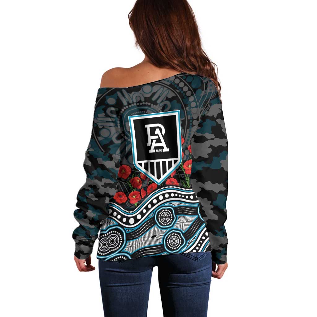 Port Adelaide Power ANZAC Day Off Shoulder Sweater Indigenous Dot Art with Poppy Flower Tribute