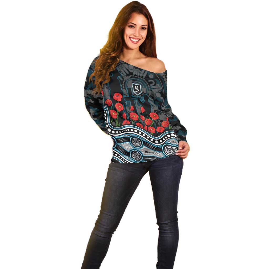 Port Adelaide Power ANZAC Day Off Shoulder Sweater Indigenous Dot Art with Poppy Flower Tribute