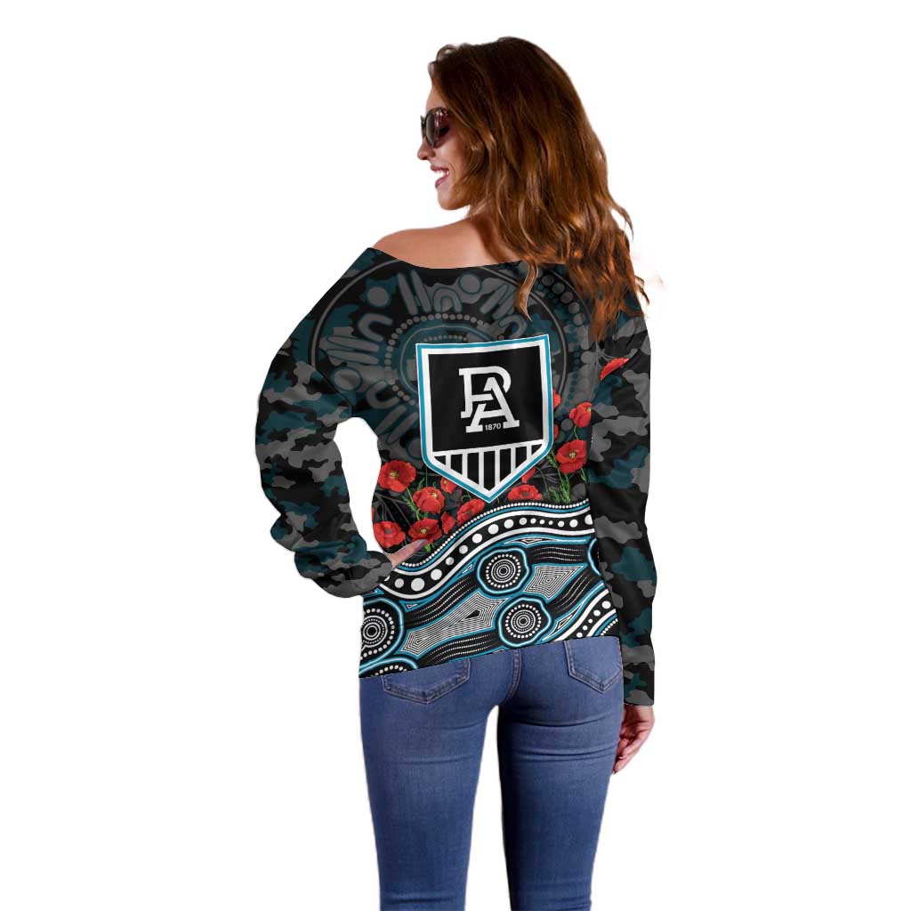 Port Adelaide Power ANZAC Day Off Shoulder Sweater Indigenous Dot Art with Poppy Flower Tribute