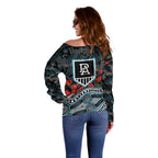 Port Adelaide Power ANZAC Day Off Shoulder Sweater Indigenous Dot Art with Poppy Flower Tribute