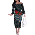 Port Adelaide Power ANZAC Day Off The Shoulder Long Sleeve Dress Indigenous Dot Art with Poppy Flower Tribute