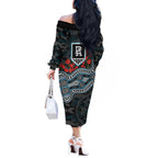 Port Adelaide Power ANZAC Day Off The Shoulder Long Sleeve Dress Indigenous Dot Art with Poppy Flower Tribute