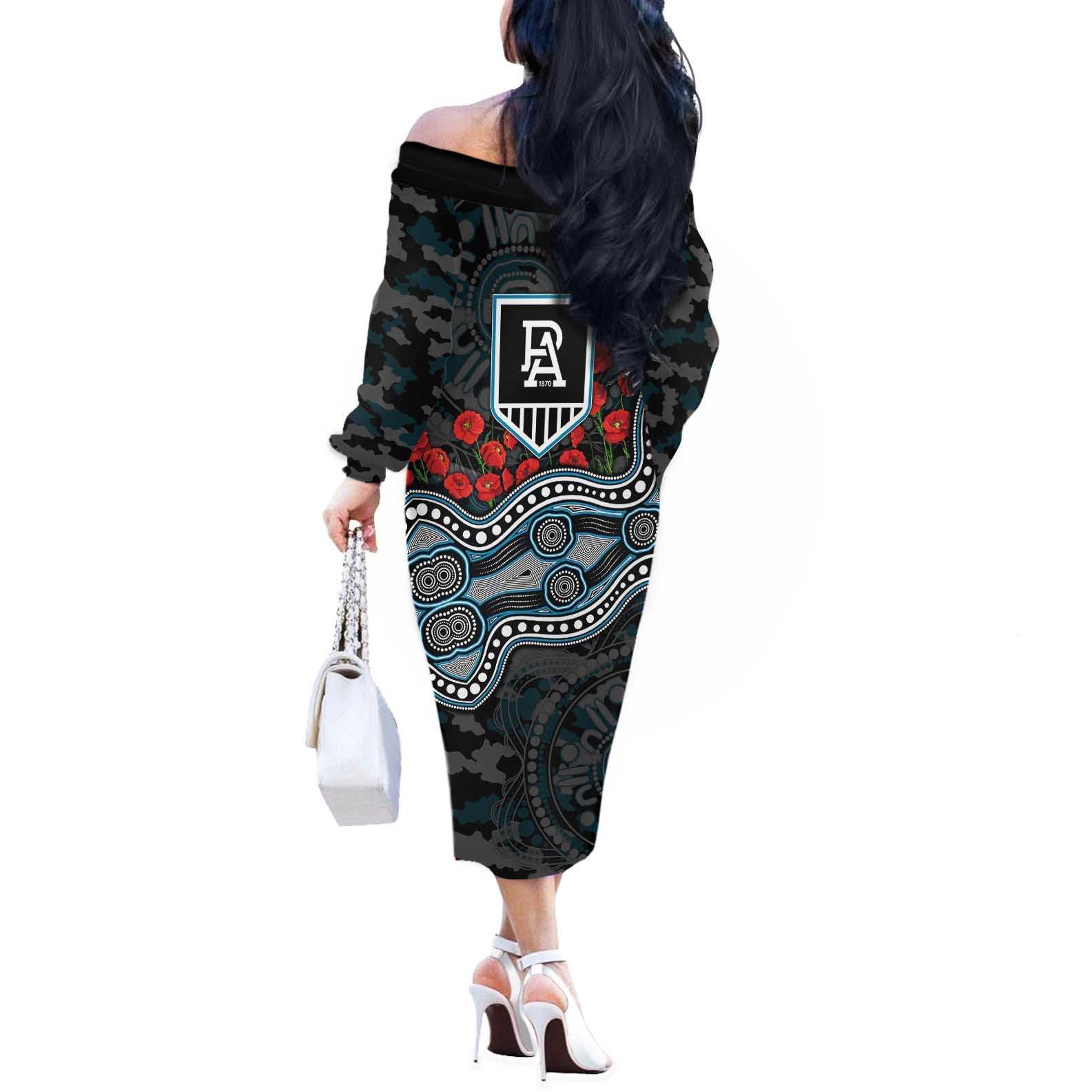Port Adelaide Power ANZAC Day Off The Shoulder Long Sleeve Dress Indigenous Dot Art with Poppy Flower Tribute