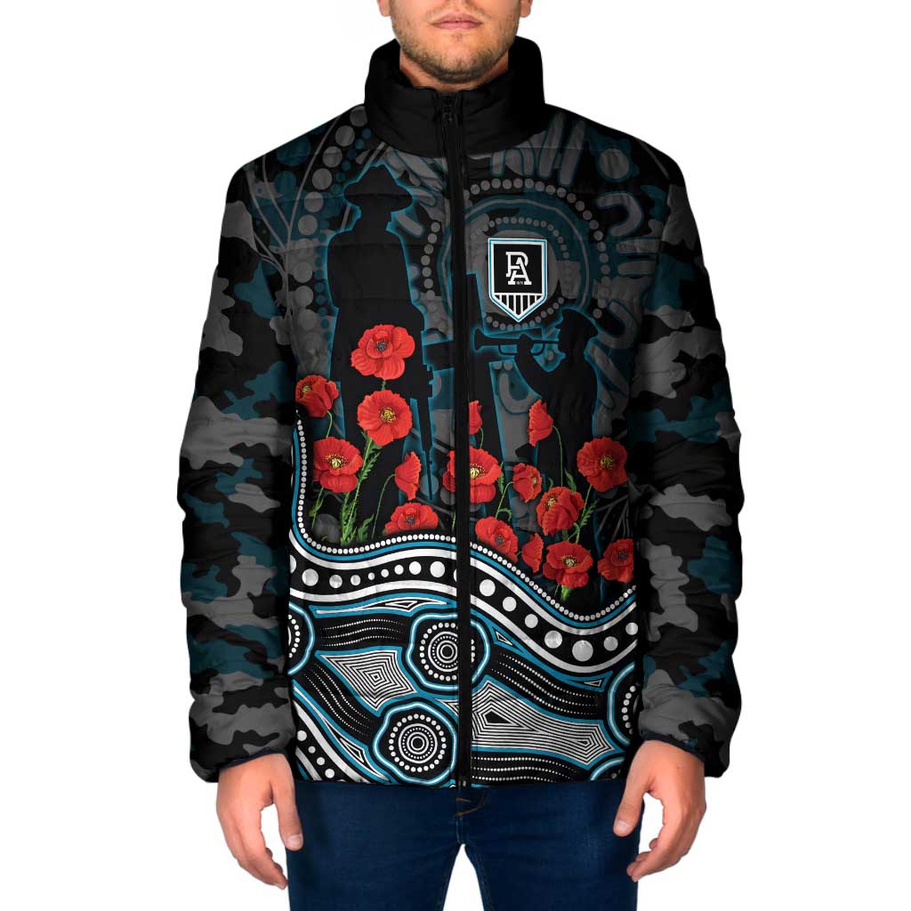 Port Adelaide Power ANZAC Day Padded Jacket Indigenous Dot Art with Poppy Flower Tribute