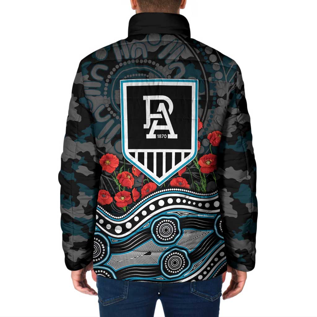Port Adelaide Power ANZAC Day Padded Jacket Indigenous Dot Art with Poppy Flower Tribute
