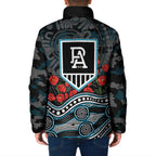 Port Adelaide Power ANZAC Day Padded Jacket Indigenous Dot Art with Poppy Flower Tribute
