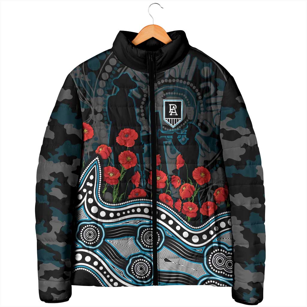 Port Adelaide Power ANZAC Day Padded Jacket Indigenous Dot Art with Poppy Flower Tribute