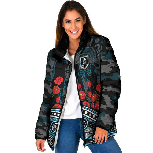 Port Adelaide Power ANZAC Day Padded Jacket Indigenous Dot Art with Poppy Flower Tribute